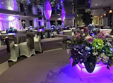 A banquet hall with purple lighting and flowers.